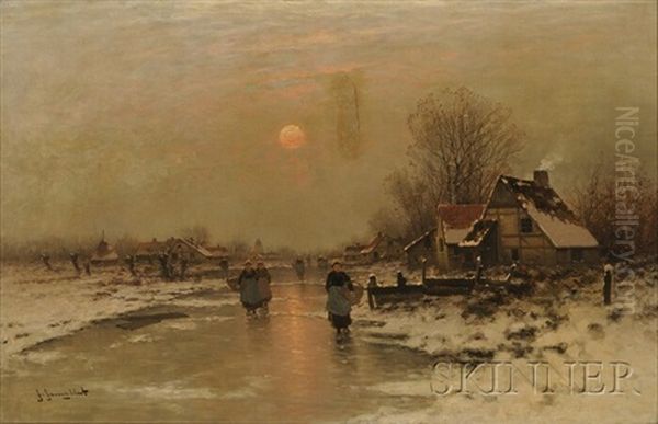 Village Landscape In Winter Oil Painting by Johann II Jungblut