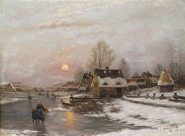 Abendliche Winterlandschaft Mit Heimkehrern Auf Einem Zugefrorenem Kanal Oil Painting by Johann II Jungblut