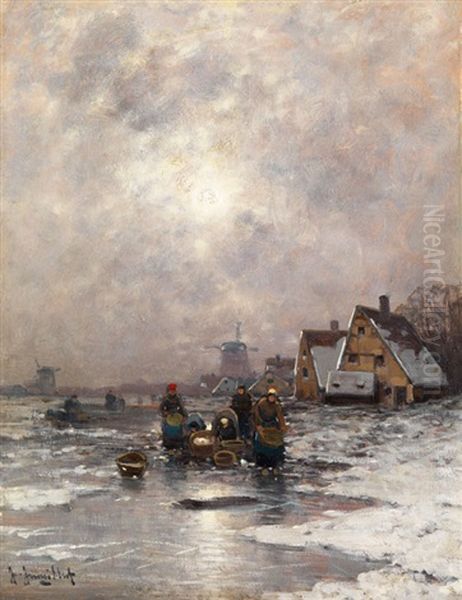 Winterliche Polderlandschaft Mit Fischerfrauen Auf Dem Eis Oil Painting by Johann II Jungblut