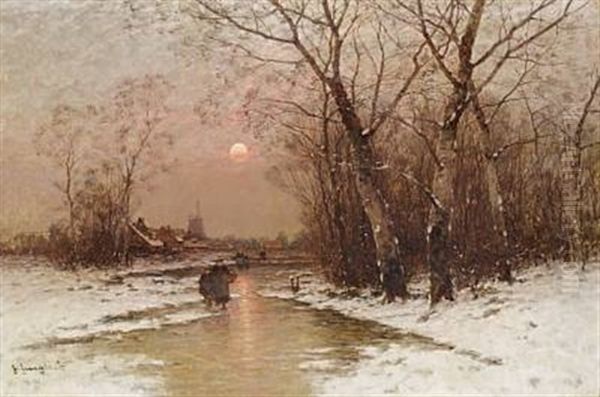 Sunset On A Winter Day Oil Painting by Johann II Jungblut