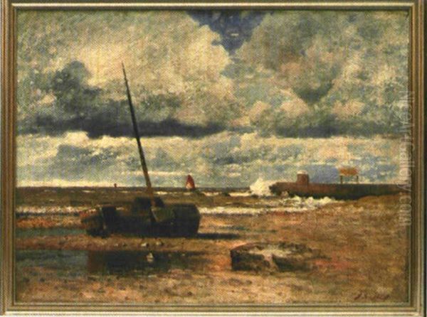 Nordseekuste Mit Mole Und Am Strand Liegendem Boot Oil Painting by Johann II Jungblut