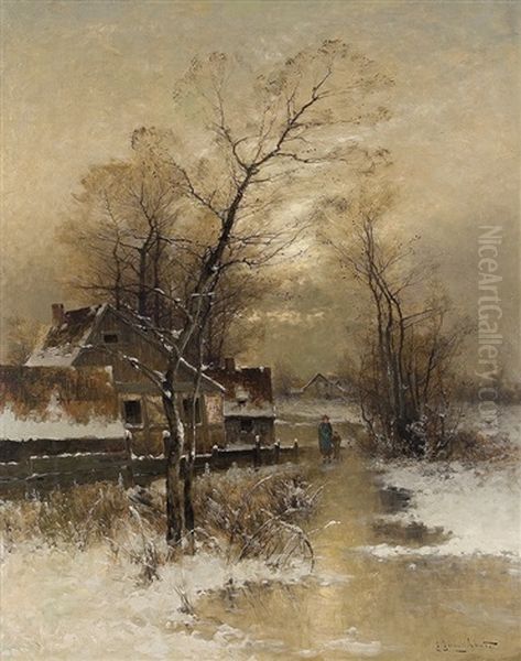Winterevening At The Village Brook Oil Painting by Johann II Jungblut