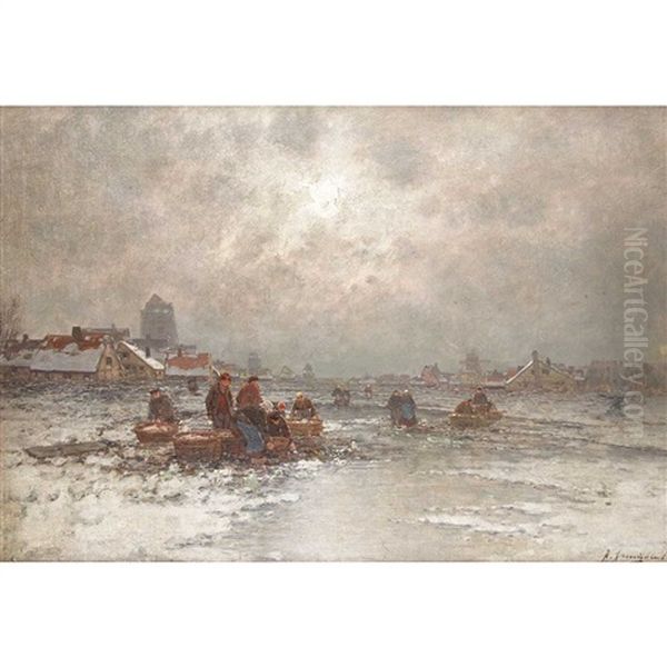 Ice Fishing Oil Painting by Johann II Jungblut