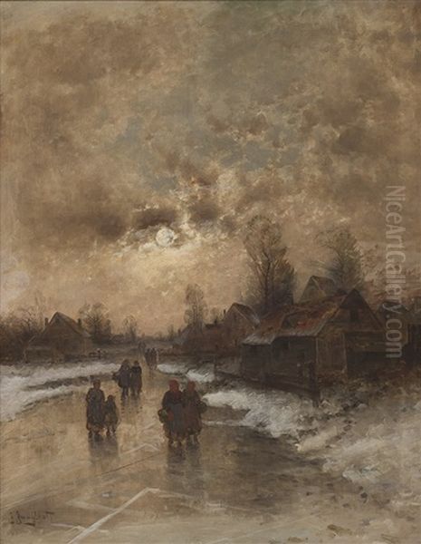 Winterliche Abendstimmung Mit Personenstaffage Oil Painting by Johann II Jungblut