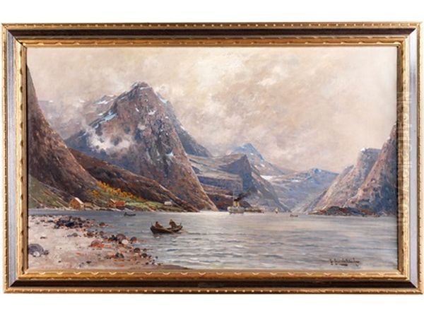 Fjordlandschaft Mit Hausern Am Ufer, Fischern Im Kahn Und Einem Rauchenden Dampfer Im Hintergrund Oil Painting by Johann II Jungblut