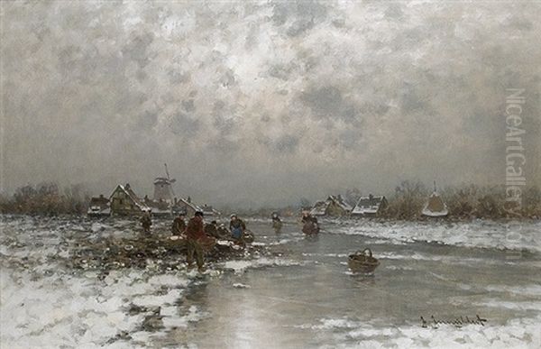 Ice Fishing Oil Painting by Johann II Jungblut