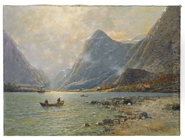 Morgenstimmung In Norwegischem Fjord Mit Fischerbooten, Dampfer Und Aufragenden Bergen Uber Kleiner Siedlung Oil Painting by Johann II Jungblut