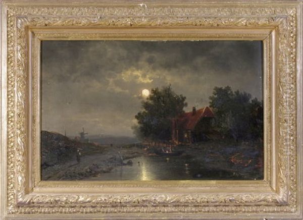Vollmondnacht Am Dorfrand Mit Personenstaffage Oil Painting by Johann II Jungblut