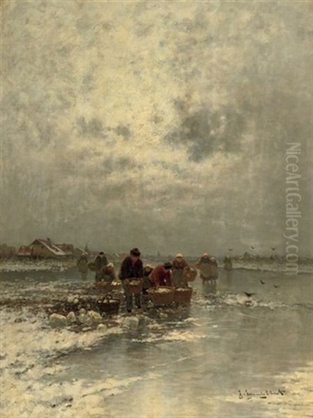 On The Ice Near A Village Oil Painting by Johann II Jungblut