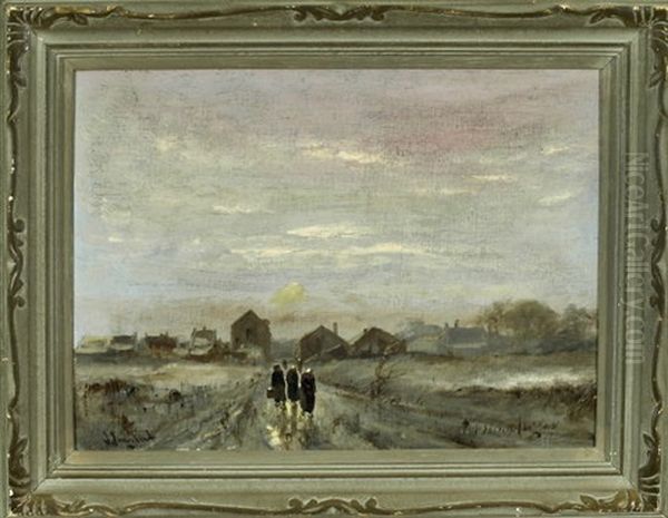 Spaziergang - Drei Damen An Einem Eisigen Wintertag Auf Einem Unbefestigten Weg Oil Painting by Johann II Jungblut