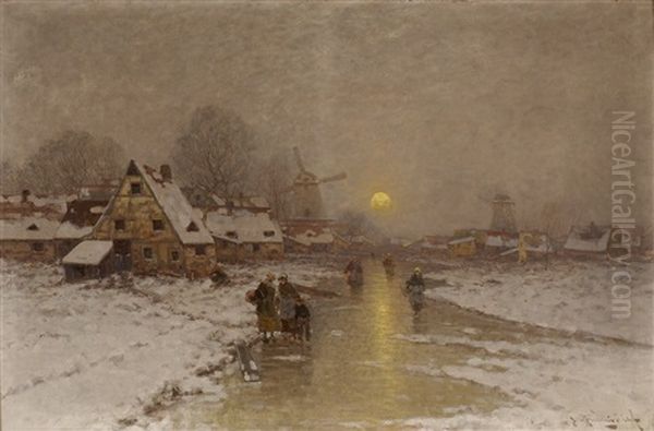 Winterliche Fluslandschaft Mit Dorfansicht Und Landvolk Oil Painting by Johann II Jungblut