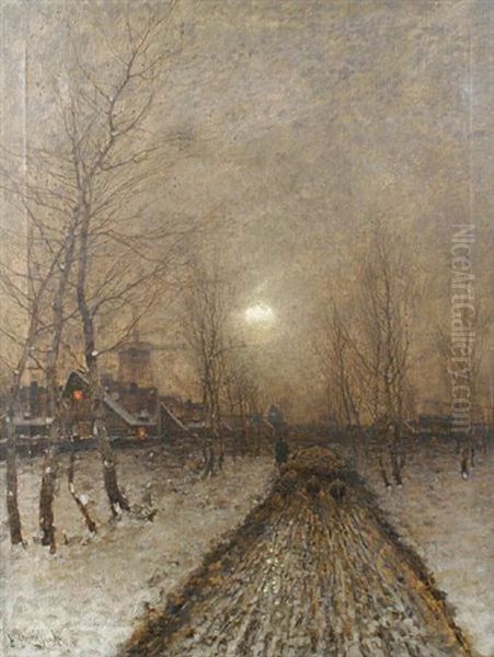 Bringing Home The Herd On A Snowy Evening Oil Painting by Johann II Jungblut