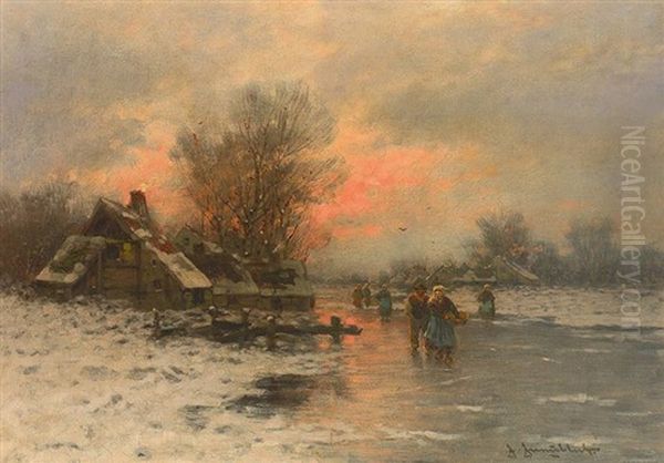 Abendliche Winterlandschaft Mit Zugefrorenem Flusslauf Oil Painting by Johann II Jungblut