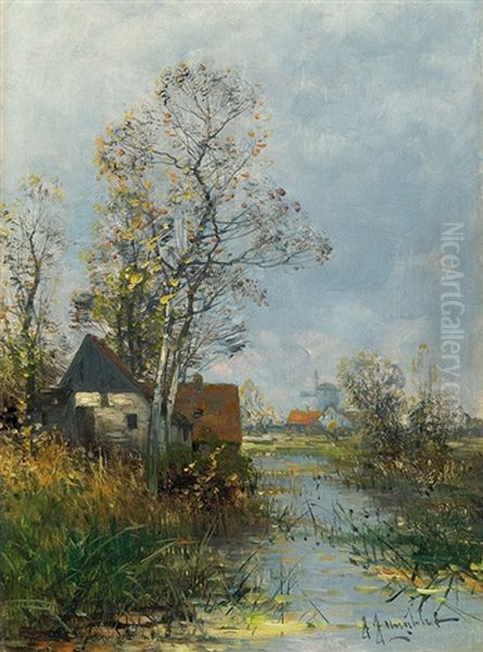 Landscape With Hut And Windmill Oil Painting by Johann II Jungblut