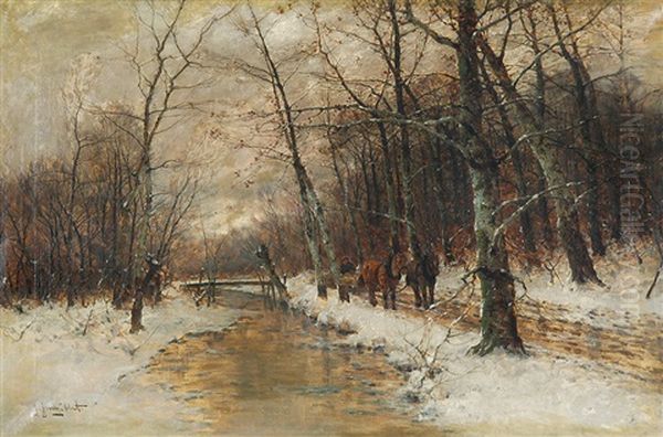 Stream In Winter Aura Oil Painting by Johann II Jungblut