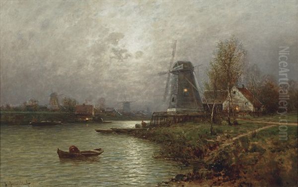 An Evening River Landscape Oil Painting by Johann II Jungblut