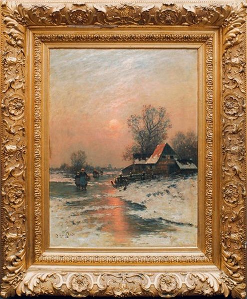 Winterlandschaft Mit Vereistem Flus Im Abendlicht Oil Painting by Johann II Jungblut