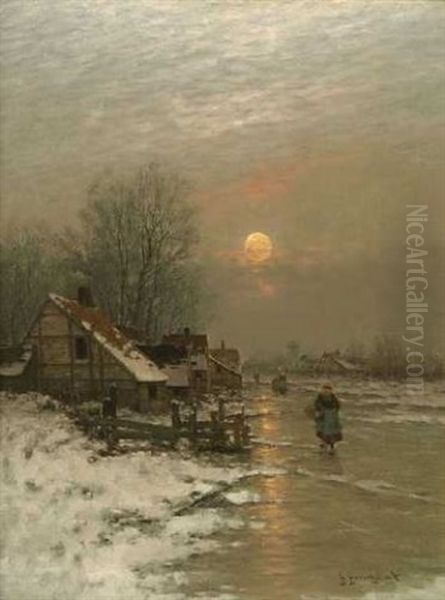 Winterlandschaft In Der Abenddammerung Oil Painting by Johann II Jungblut