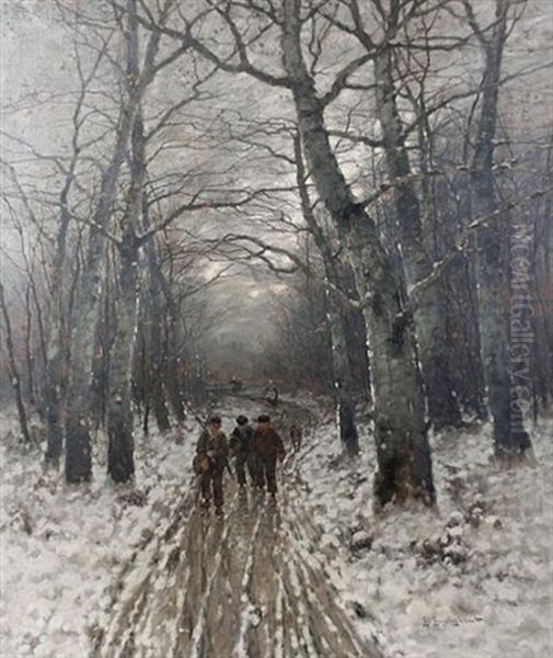 Homeward Bound On A Snowy Woodland Track Oil Painting by Johann II Jungblut
