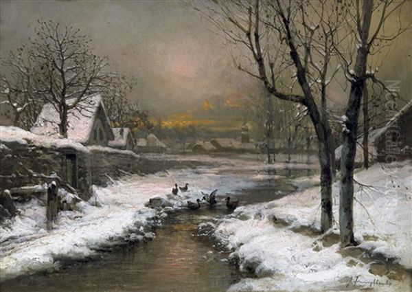 Verschneite Dorflandschaft Im Abendrot Oil Painting by Johann II Jungblut