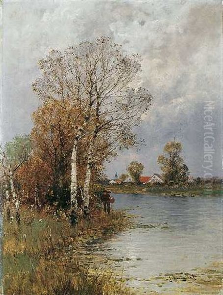 Flusslandschaft Mit Dorf Oil Painting by Johann II Jungblut