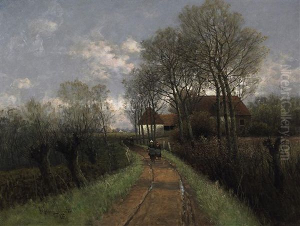 Stiller Herbsttag. Bauersleute Auf Einem Feldweg Vor Gehoften Oil Painting by Johann II Jungblut