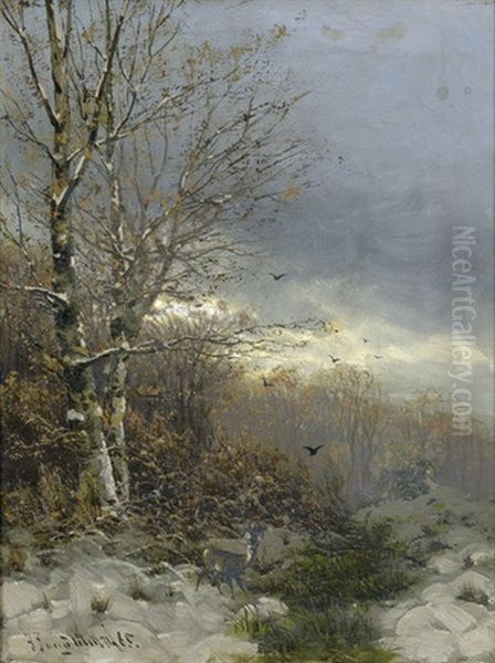 Reh In Einer Winterlandschaft Mit Birken Oil Painting by Johann II Jungblut