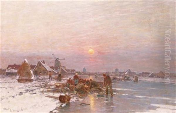 Ice-fishing At Dusk Oil Painting by Johann II Jungblut