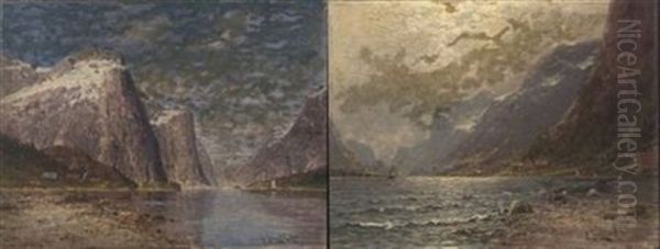 Fjord View (+ Another, Similar; Pair) Oil Painting by Johann II Jungblut