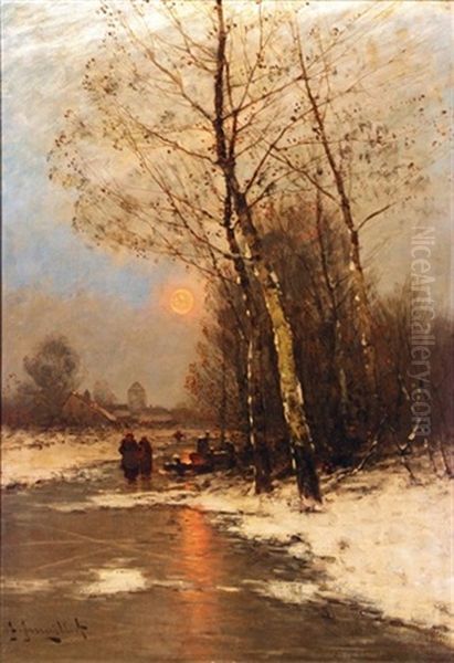 Dutch Winter Landscape Oil Painting by Johann II Jungblut