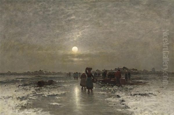 Fischerfrauen Auf Dem Heimweg In Winterlicher Landschaft Oil Painting by Johann II Jungblut
