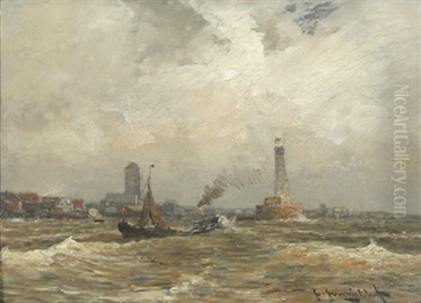 Boote Bei Der Einfahrt In Den Hafen Bei Sturmischer See Oil Painting by Johann II Jungblut