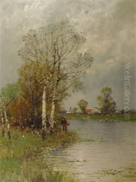 Ruhige Fluslandschaft Mit Birken Und Spazierganger Oil Painting by Johann II Jungblut