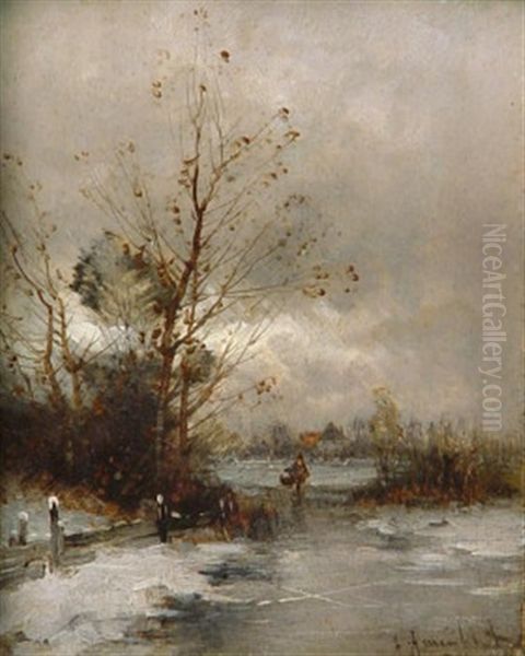 Kalter Wintertag Mit Wanderern In Verschneiter Fluslandschaft (+ Stiller Herbsttag. Blick Vom Fluslufer Auf Ein Kleines Kirchdorf; 2 Works) Oil Painting by Johann II Jungblut