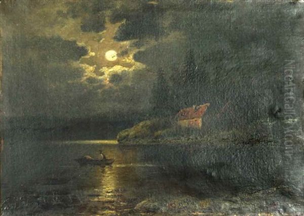 Fischer Im Kahn Auf Einem See Bei Vollmond Oil Painting by Johann II Jungblut
