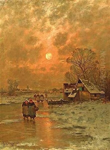Abendliche Winterlandschaft Mit Heimkehrenden Bauern Oil Painting by Johann II Jungblut