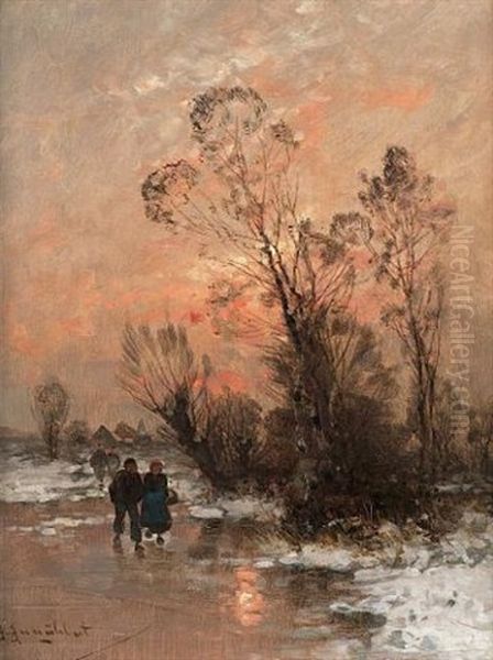 Winter Landscape With Figures On A Frozen River Oil Painting by Johann II Jungblut