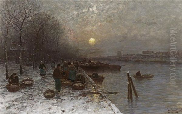 Abendlicher Markt Am Verschneiten Flusufer Oil Painting by Johann II Jungblut