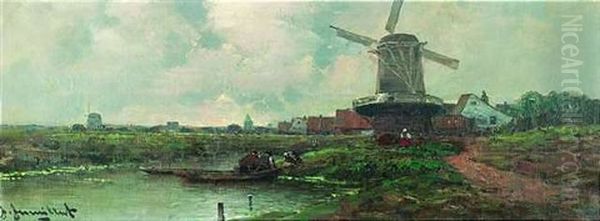 Hollandische Fluslandschaft Mit Windmuhlen Oil Painting by Johann II Jungblut