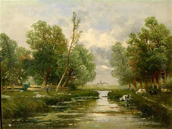 An Einem Hollandischen Kanal Oil Painting by Johann II Jungblut