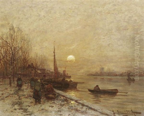 Winterabend Am Flus Oil Painting by Johann II Jungblut