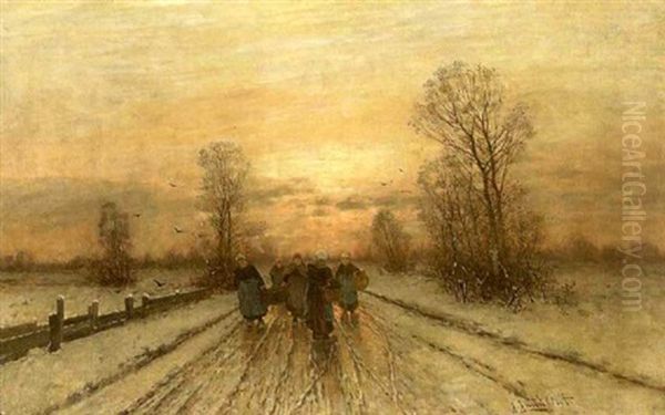 Abendlicher Heimweg In Winterlandschaft Oil Painting by Johann II Jungblut