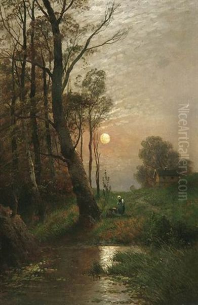 Zwei Bauerinnen Am Waldbach Oil Painting by Johann II Jungblut