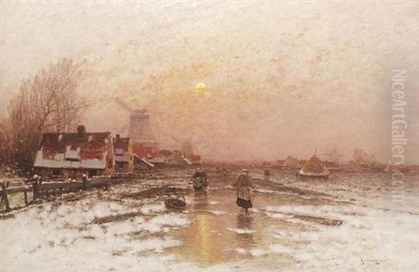 Winterabend Vor Einem Hollandischen Dorf Oil Painting by Johann II Jungblut