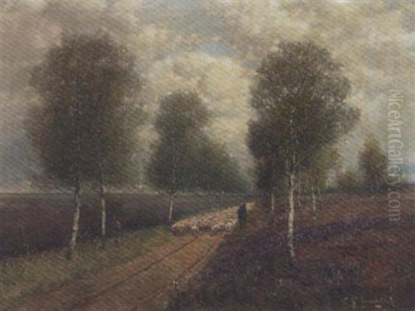 Heimtrieb Der Schafe In Der Heide Oil Painting by Johann II Jungblut