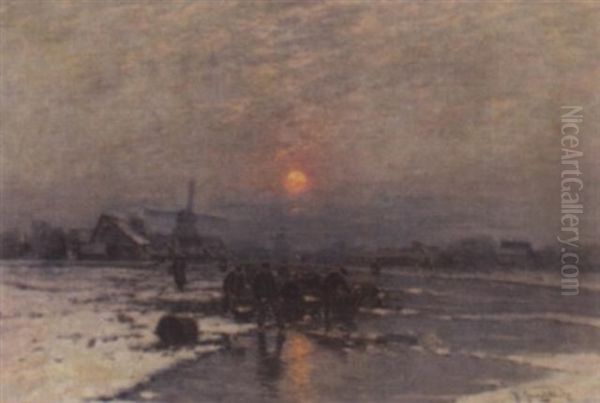 Abendstimmung Uber Eisfischern Am Dorfrand Oil Painting by Johann II Jungblut