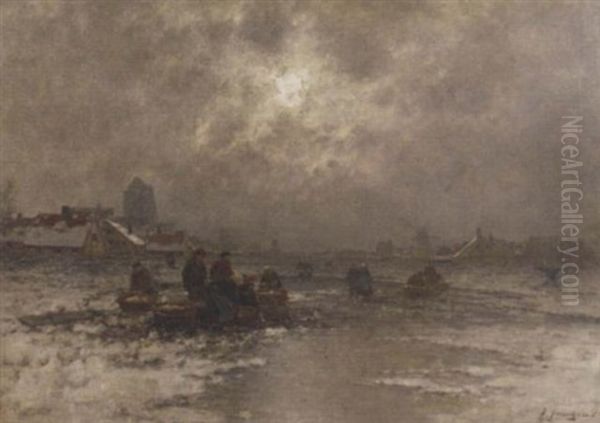 Ice-fishing Outside A Village At Dusk Oil Painting by Johann II Jungblut