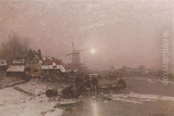 Ice-fishing At Dusk By A Village Oil Painting by Johann II Jungblut