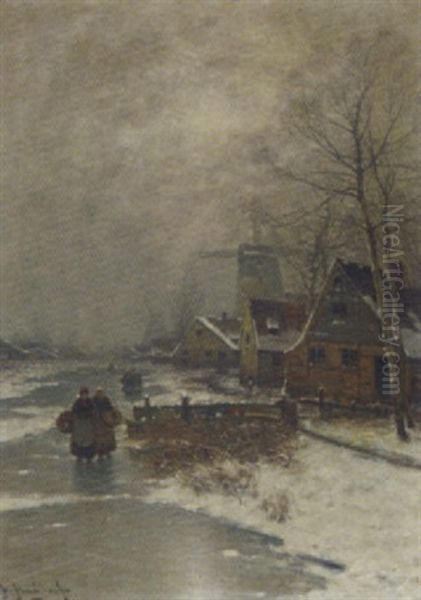 Walking Home In Winter Oil Painting by Johann II Jungblut