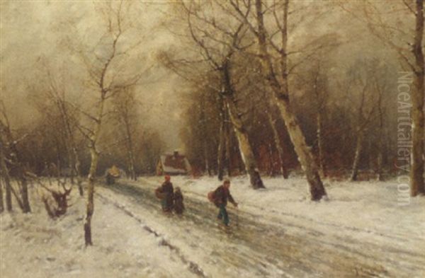 Figures On A Country Road In The Snow Oil Painting by Johann II Jungblut